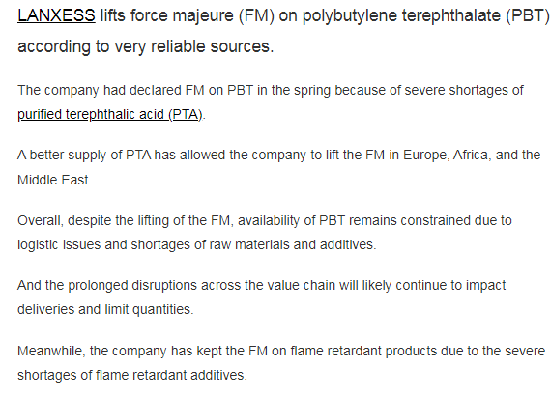 朗盛解除PBT不可抗力