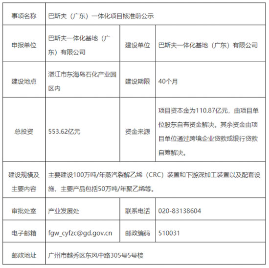 巴斯夫(广东)一体化项目表