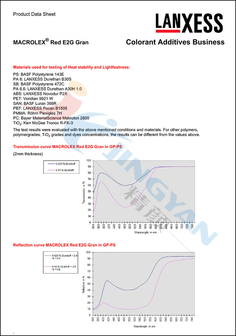 朗盛E2G红硬胶塑料染料数据表2